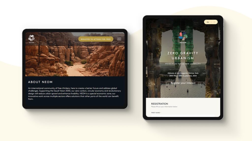 event registration website design case study for NEOM ZERO GRAVITY URBANISM